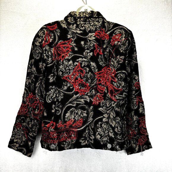 Chico's Jacquard Floral Jacket 0 (Small 4) Black Red Gold Embroidered Christmas - Picture 2 of 16